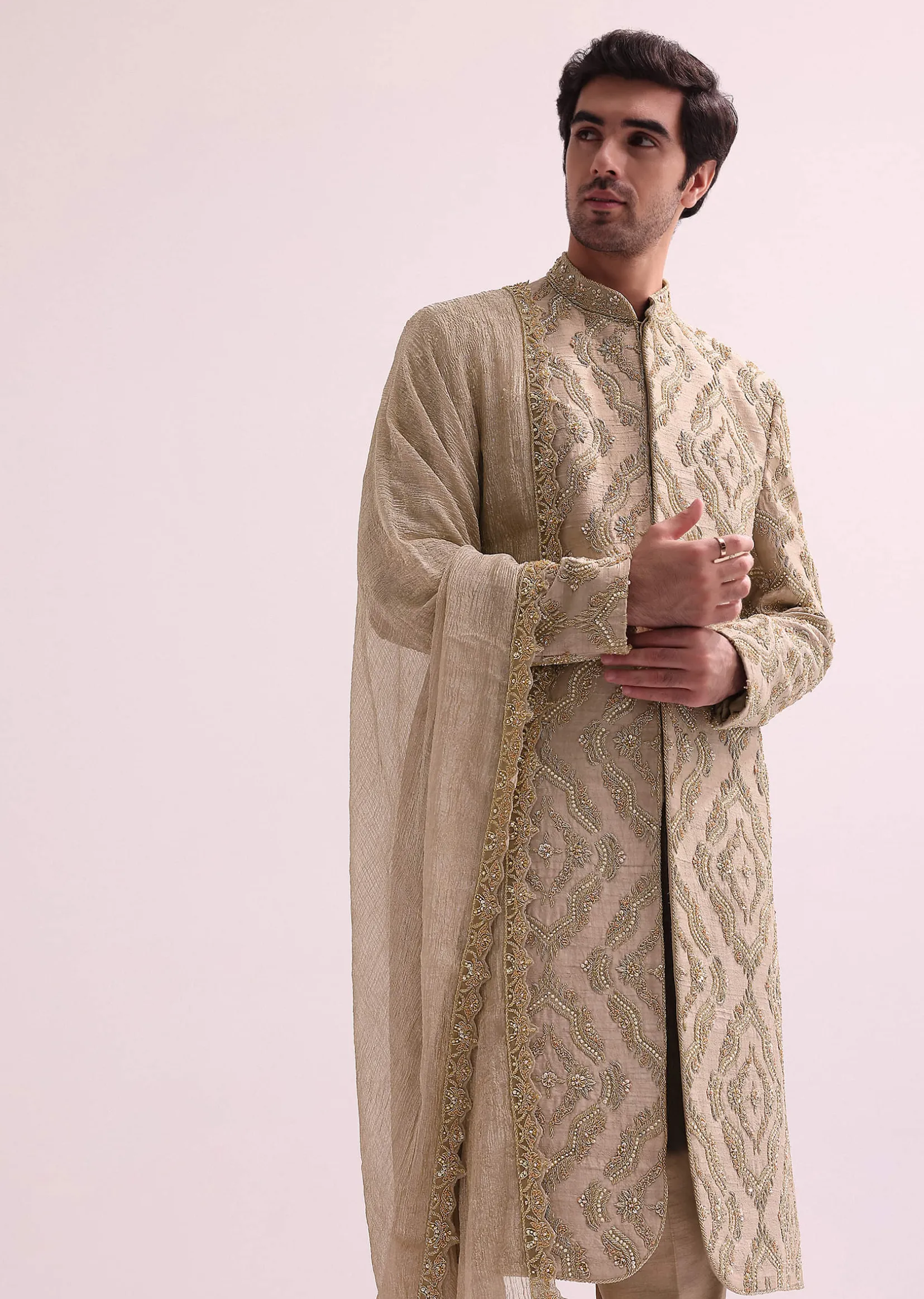 Beige Straight Cut Double Layered Sherwani And Kurta Set In Raw Silk