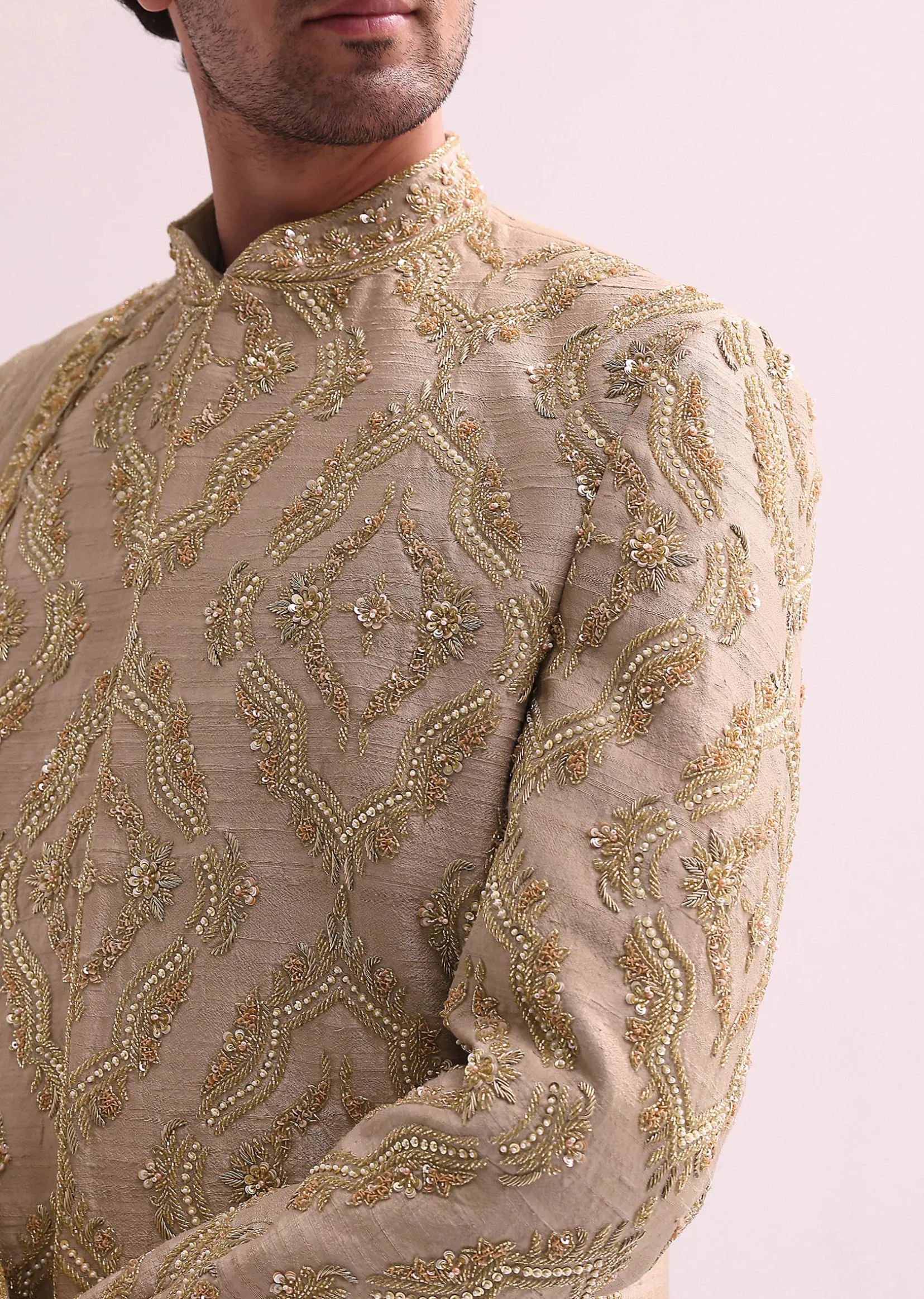 Beige Straight Cut Double Layered Sherwani And Kurta Set In Raw Silk