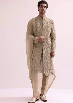Beige Straight Cut Double Layered Sherwani And Kurta Set In Raw Silk