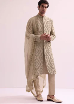Beige Straight Cut Double Layered Sherwani And Kurta Set In Raw Silk