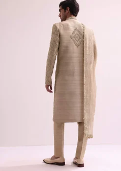 Beige Straight Cut Double Layered Sherwani And Kurta Set In Raw Silk
