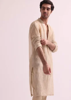 Beige Straight Cut Double Layered Sherwani And Kurta Set In Raw Silk