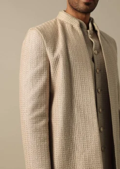 Beige Textured Indowestern Set for Grooms