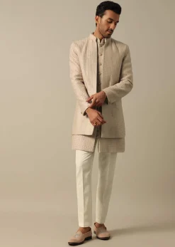 Beige Textured Indowestern Set for Grooms