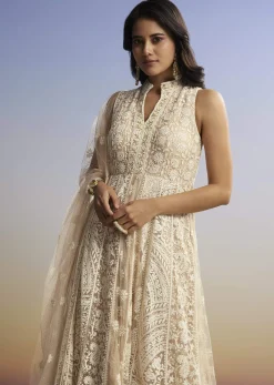 Beige Threadwork Anarkali With Dupatta