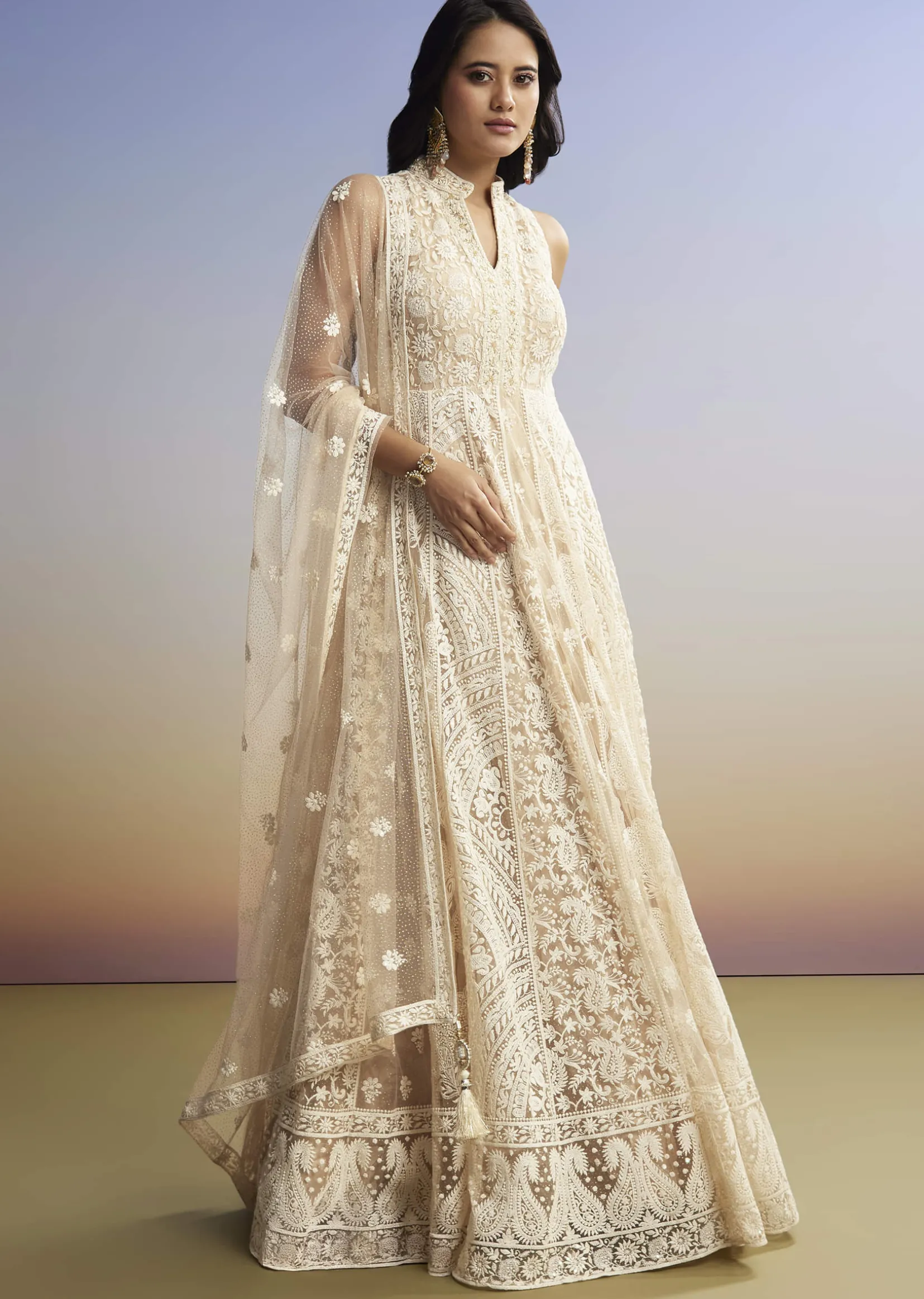 Beige Threadwork Anarkali With Dupatta