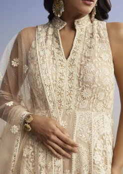 Beige Threadwork Anarkali With Dupatta