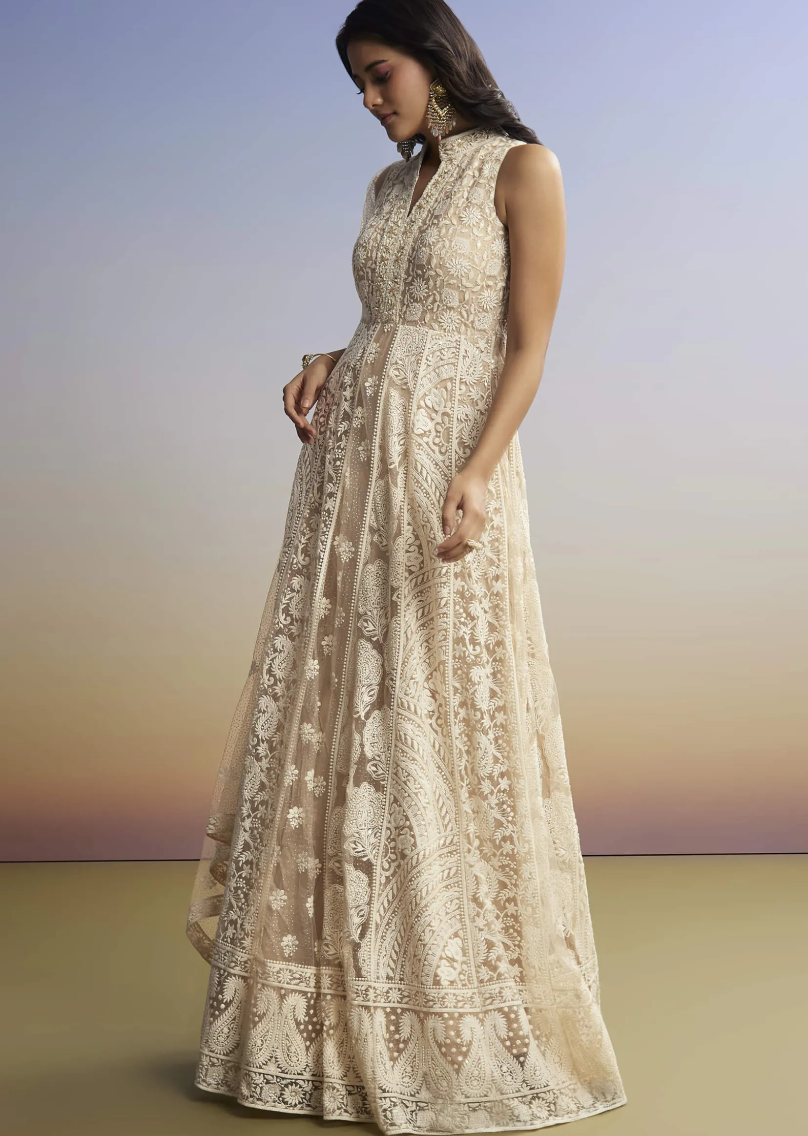 Beige Threadwork Anarkali With Dupatta