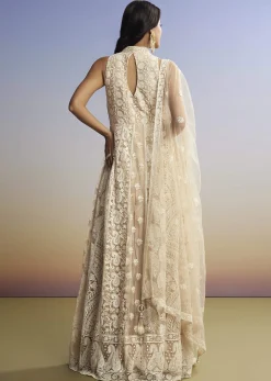 Beige Threadwork Anarkali With Dupatta