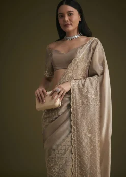 Beige Tissue Embroidered Saree With Scallop Border