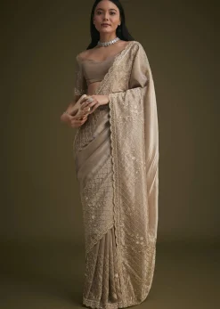 Beige Tissue Embroidered Saree With Scallop Border