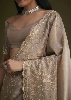 Beige Tissue Embroidered Saree With Scallop Border