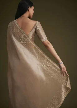 Beige Tissue Embroidered Saree With Scallop Border