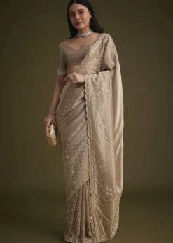Beige Tissue Embroidered Saree With Scallop Border