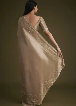 Beige Tissue Embroidered Saree With Scallop Border