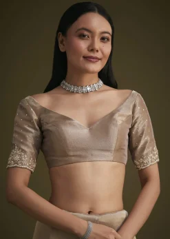 Beige Tissue Embroidered Saree With Scallop Border