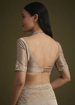 Beige Tissue Embroidered Saree With Scallop Border