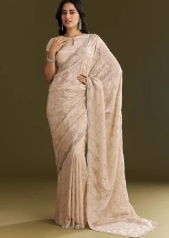 Beige Tissue Embroidered Saree With Cutdana Stones And Sequins