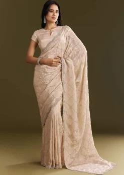 Beige Tissue Embroidered Saree With Cutdana Stones And Sequins