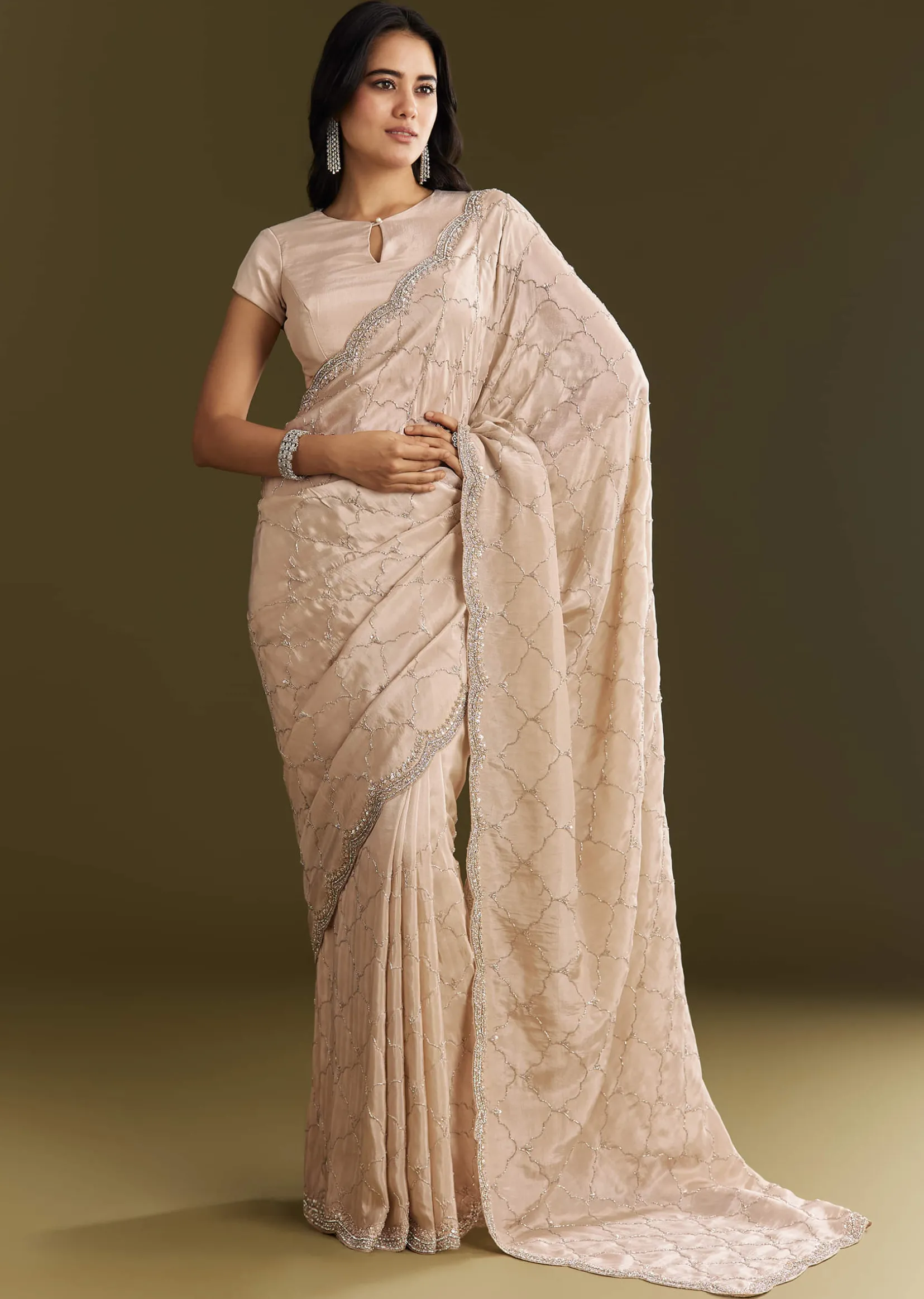 Beige Tissue Embroidered Saree With Cutdana Stones And Sequins