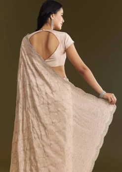 Beige Tissue Embroidered Saree With Cutdana Stones And Sequins