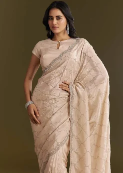 Beige Tissue Embroidered Saree With Cutdana Stones And Sequins