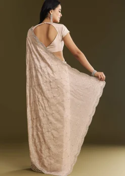 Beige Tissue Embroidered Saree With Cutdana Stones And Sequins