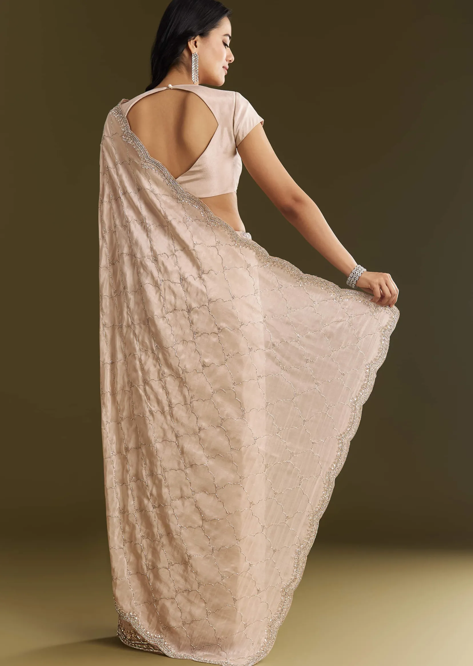 Beige Tissue Embroidered Saree With Cutdana Stones And Sequins