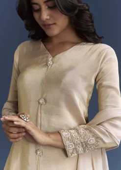Beige Tissue Kurta Set With Organza Dupatta