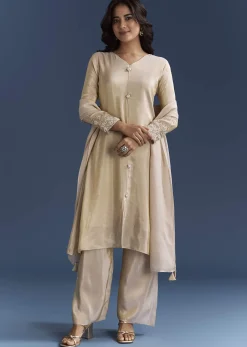 Beige Tissue Kurta Set With Organza Dupatta
