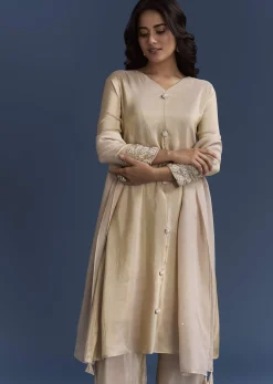 Beige Tissue Kurta Set With Organza Dupatta