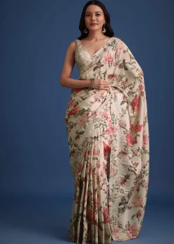 Beige Tissue Muslin Saree With Pitta Work And Digital Print