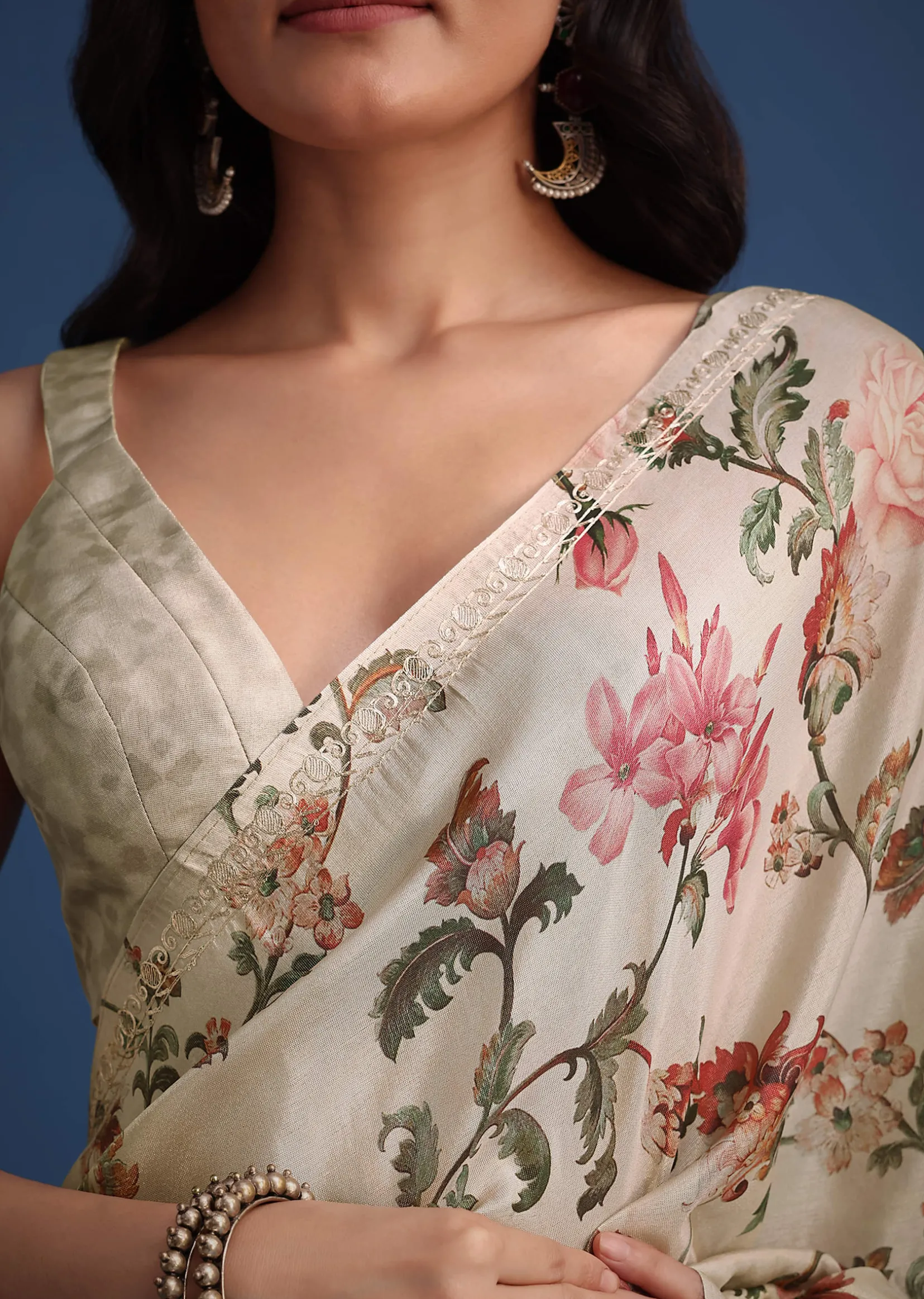 Beige Tissue Muslin Saree With Pitta Work And Digital Print