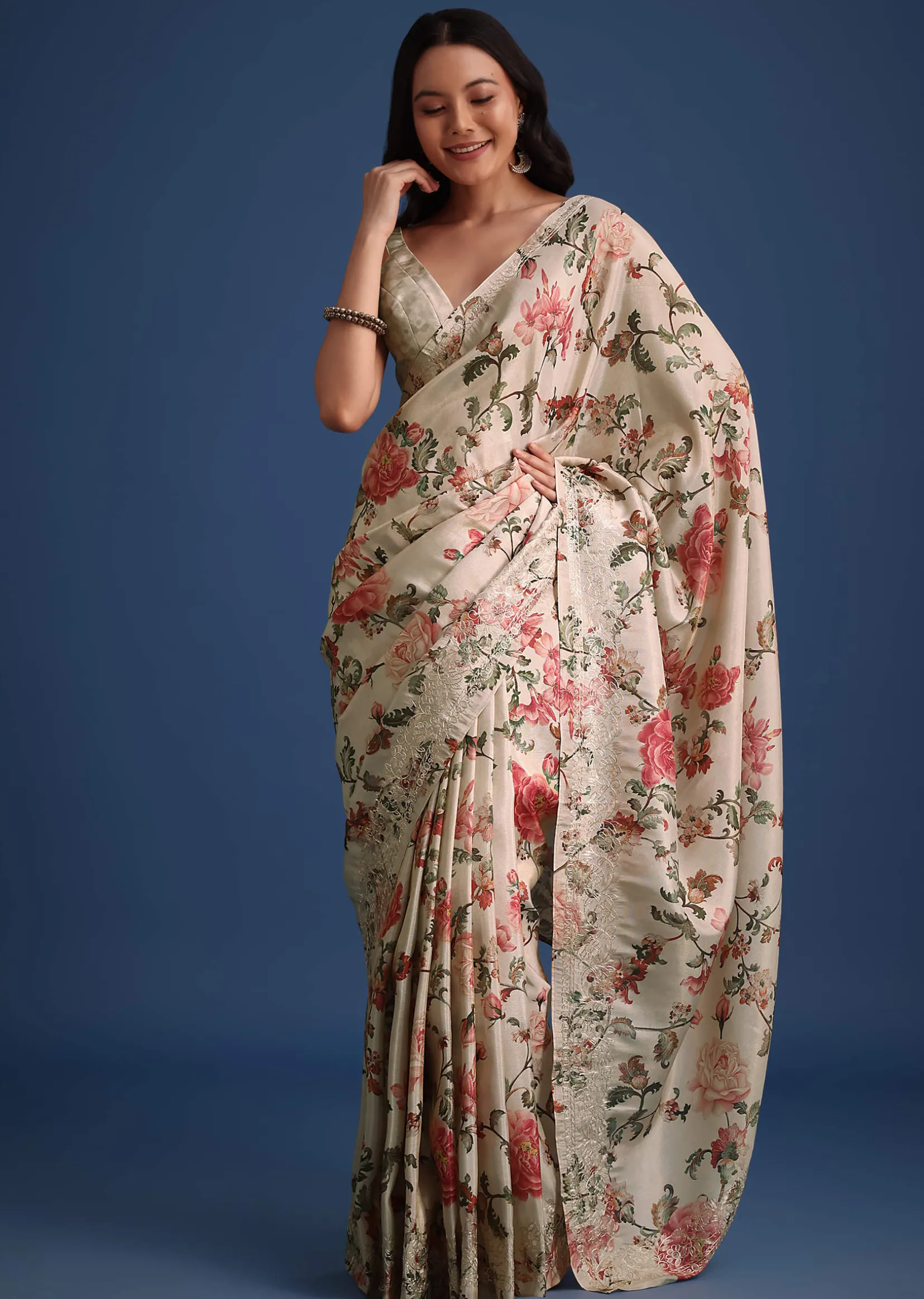 Beige Tissue Muslin Saree With Pitta Work And Digital Print