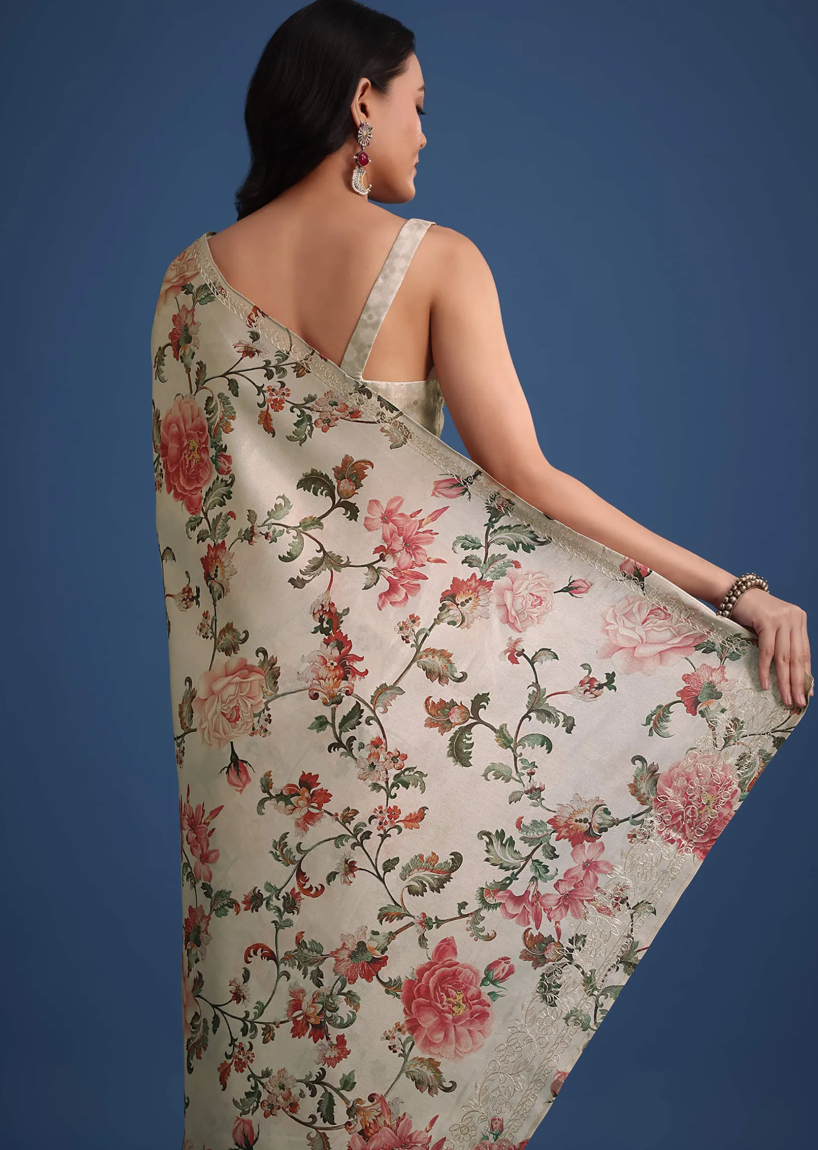 Beige Tissue Muslin Saree With Pitta Work And Digital Print