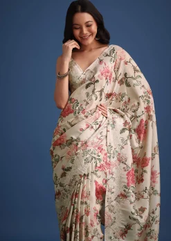 Beige Tissue Muslin Saree With Pitta Work And Digital Print