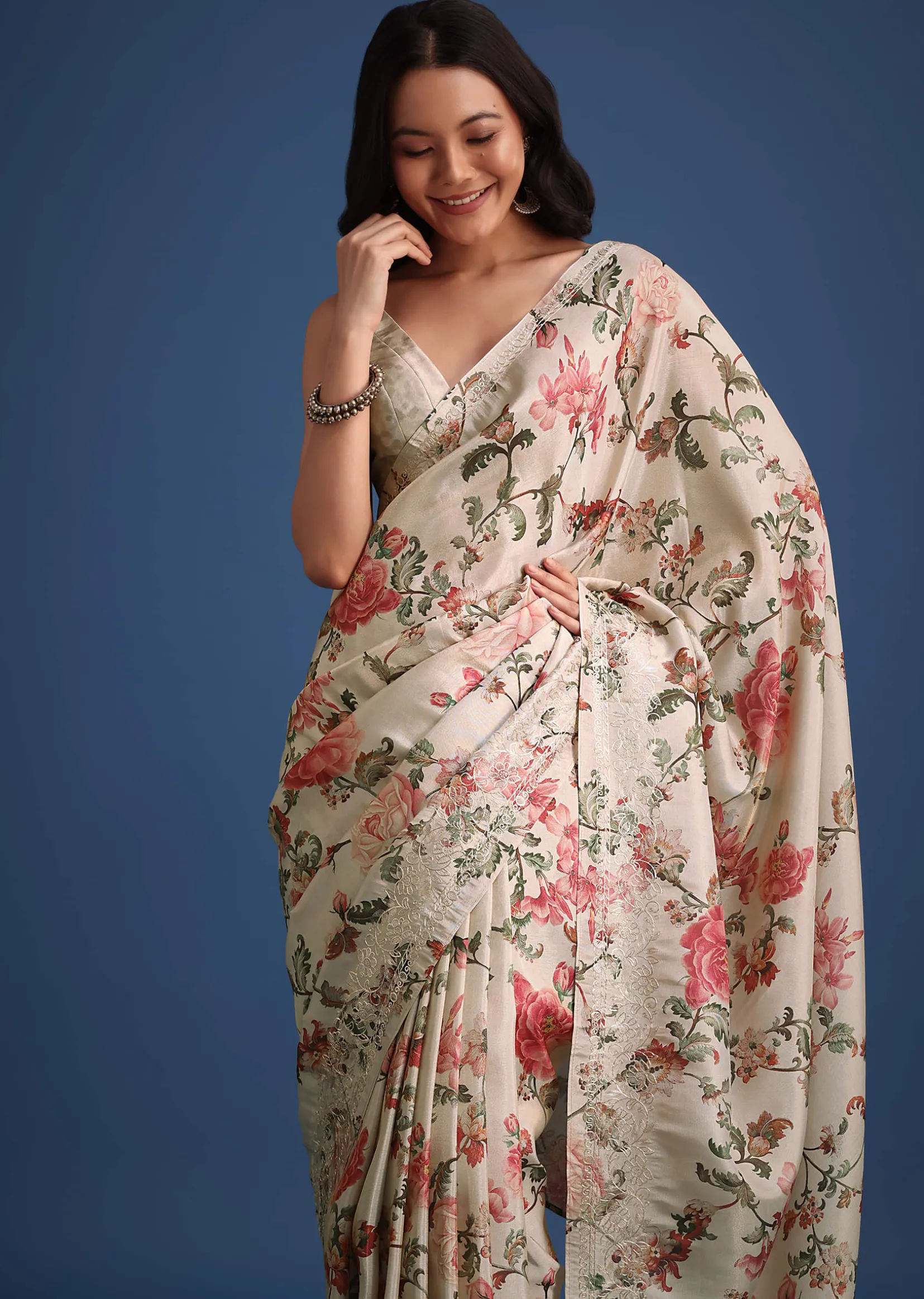 Beige Tissue Muslin Saree With Pitta Work And Digital Print
