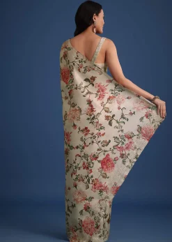 Beige Tissue Muslin Saree With Pitta Work And Digital Print