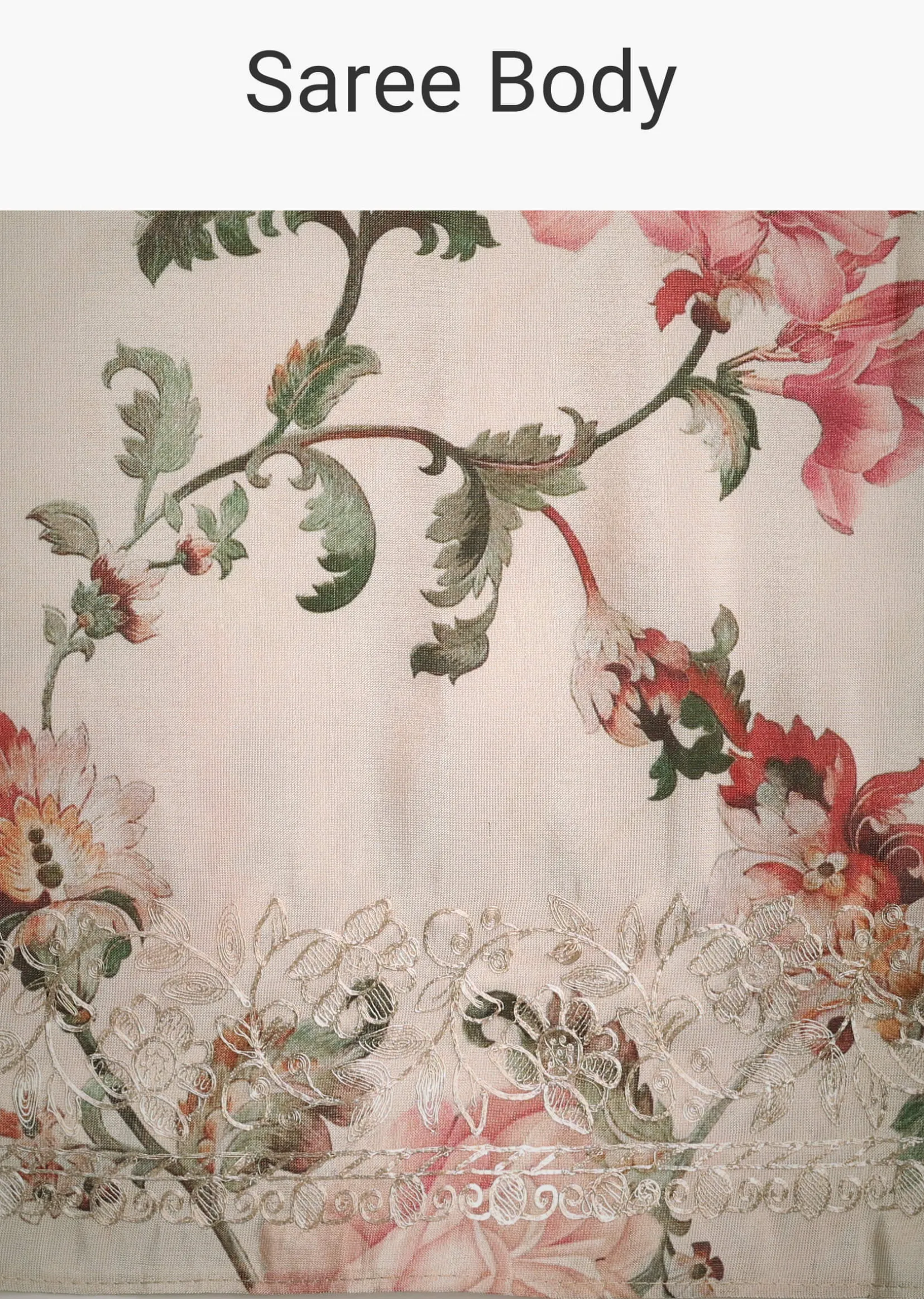 Beige Tissue Muslin Saree With Pitta Work And Digital Print