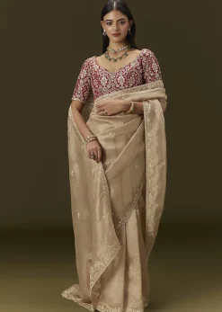 Beige Tissue Saree With Embroidered Brocade Blouse