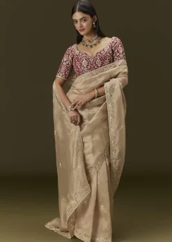 Beige Tissue Saree With Embroidered Brocade Blouse