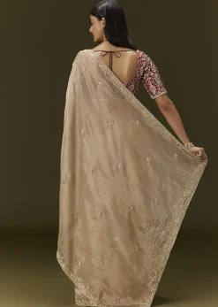 Beige Tissue Saree With Embroidered Brocade Blouse