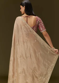Beige Tissue Saree With Embroidered Brocade Blouse