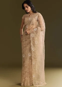 Beige Tissue Saree With Floral Embroidery And Scallop Border