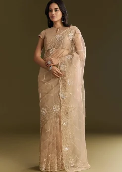 Beige Tissue Saree With Floral Embroidery And Scallop Border