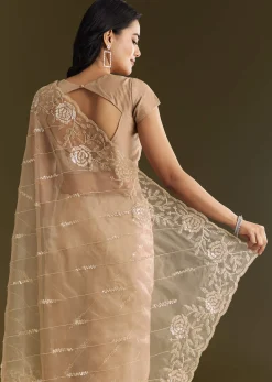 Beige Tissue Saree With Floral Embroidery And Scallop Border