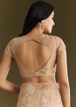 Beige Tissue Saree With Floral Embroidery And Scallop Border