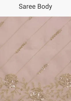 Beige Tissue Saree With Floral Embroidery And Scallop Border