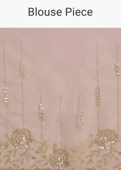 Beige Tissue Saree With Floral Embroidery And Scallop Border
