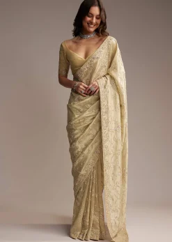 Beige Tissue Saree with Floral and Cutdana Embroidery